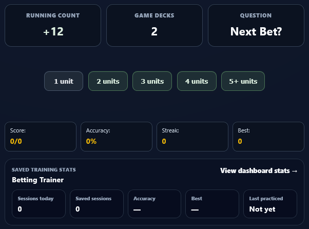 Betting Trainer showing running count and next bet choices