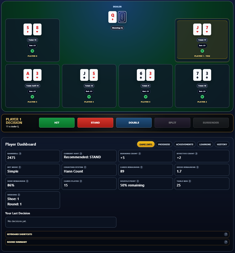 Full Blackjack Table Simulator with table, decisions, and player dashboard