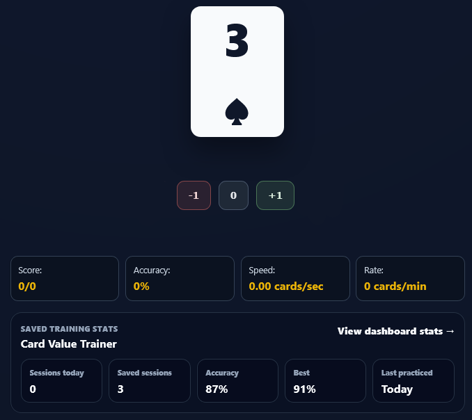 Card Value Trainer showing a playing card and count value controls