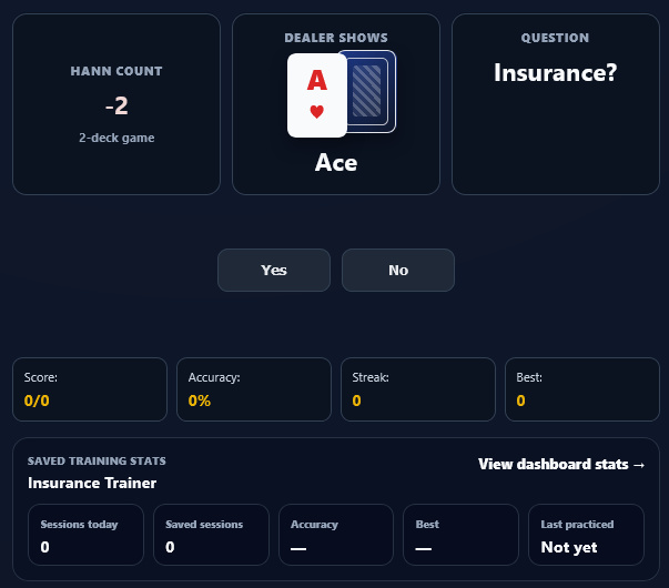 Insurance Trainer showing a dealer Ace and insurance decision