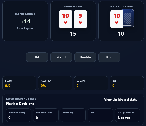 Playing Decision Trainer showing a player hand and dealer up card