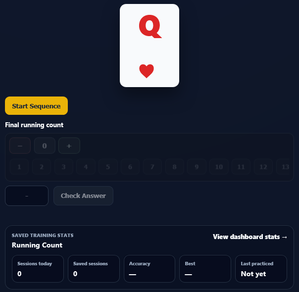 Running Count trainer showing a card sequence exercise