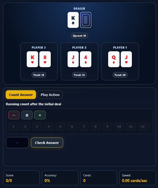 Table Count Simulator showing multiple blackjack hands